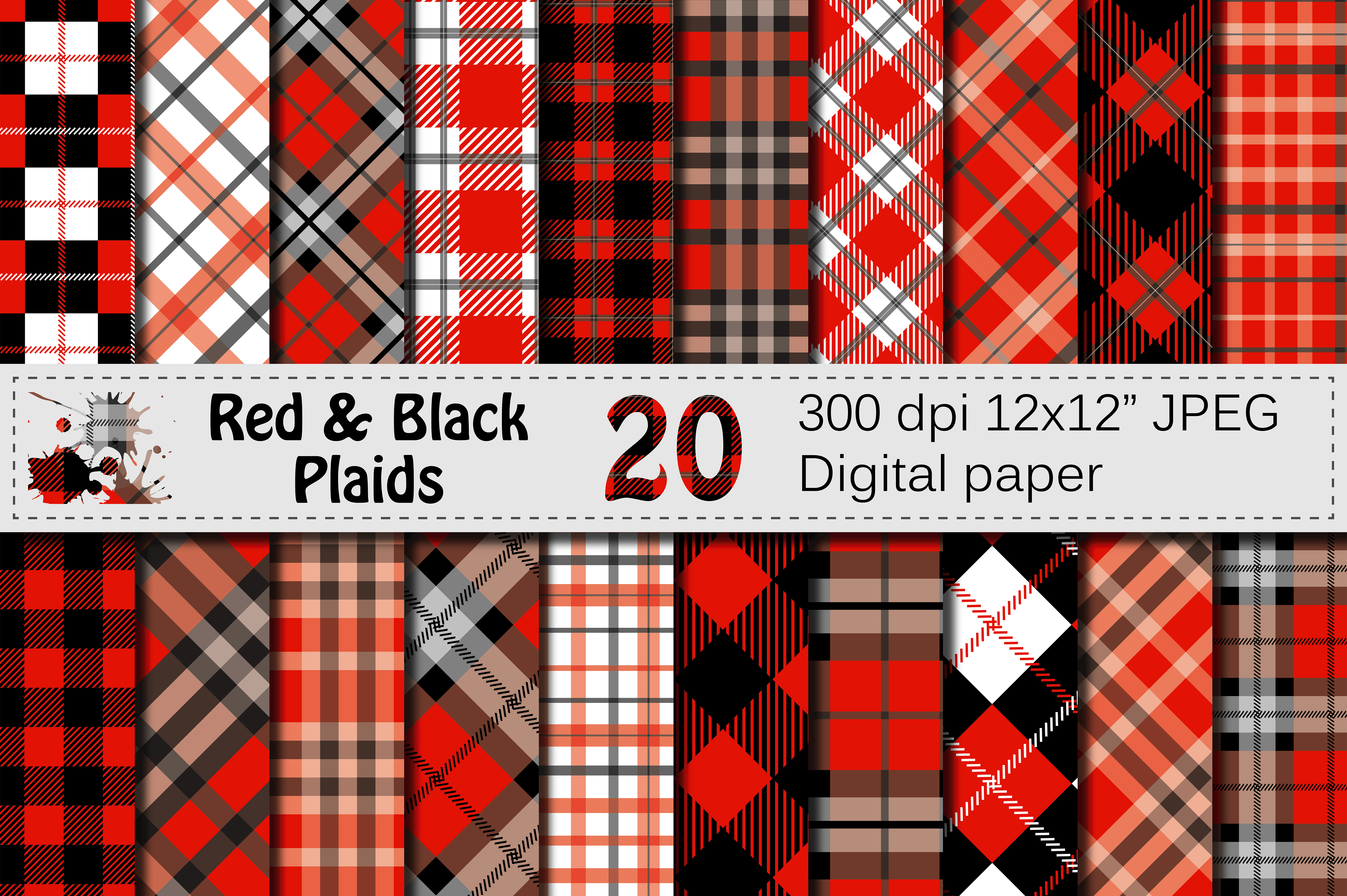 Black and Red Plaids Digital Paper Pack